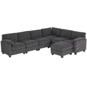 Hjørnesofa, U-formet sofa, sofa med fjederbetræk, polstrede armlæn, bevægelig puf, corduroy, 292x224x85 cm, mørkegrå