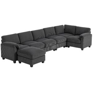 Hjørnesofa, U-formet sofa, sofa med fjederbetræk, polstrede armlæn, bevægelig puf, corduroy, 292x224x85 cm, mørkegrå