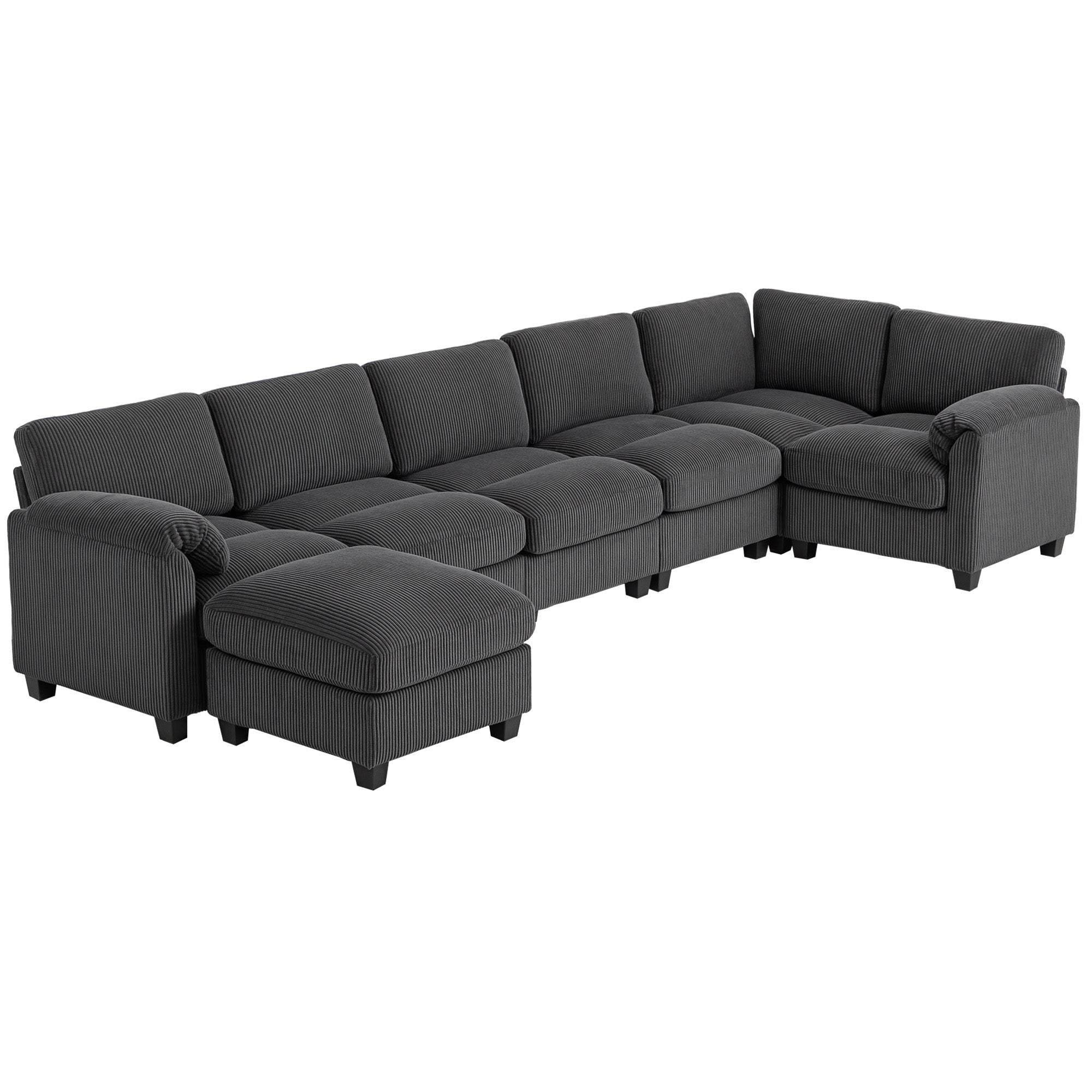 Hjørnesofa, U-formet sofa, sofa med fjederbetræk, polstrede armlæn, bevægelig puf, corduroy, 292x224x85 cm, mørkegrå